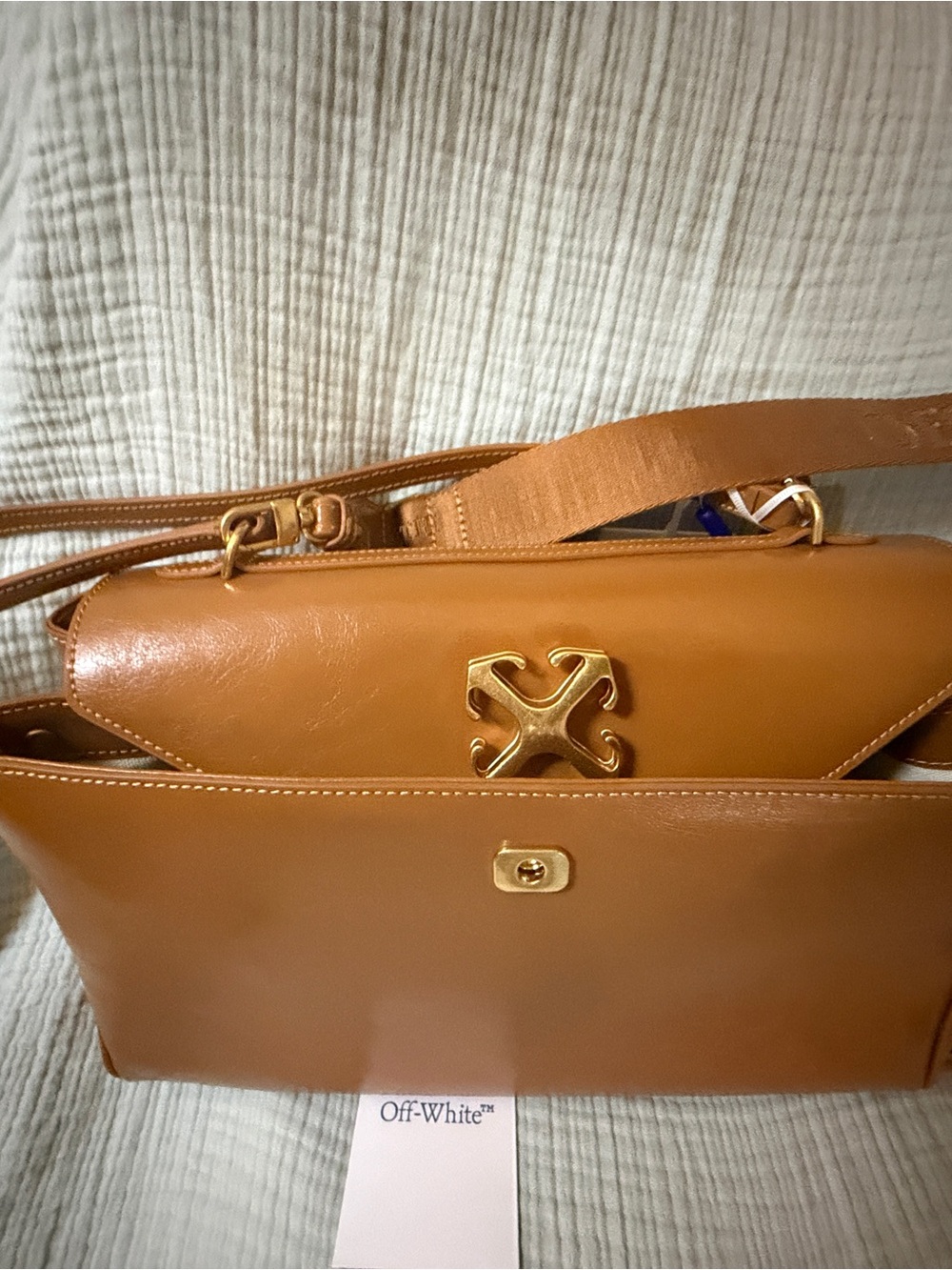 Off-White Cognac Leather Shoulder Bag with Gold Hardware - Picture 6 of 15